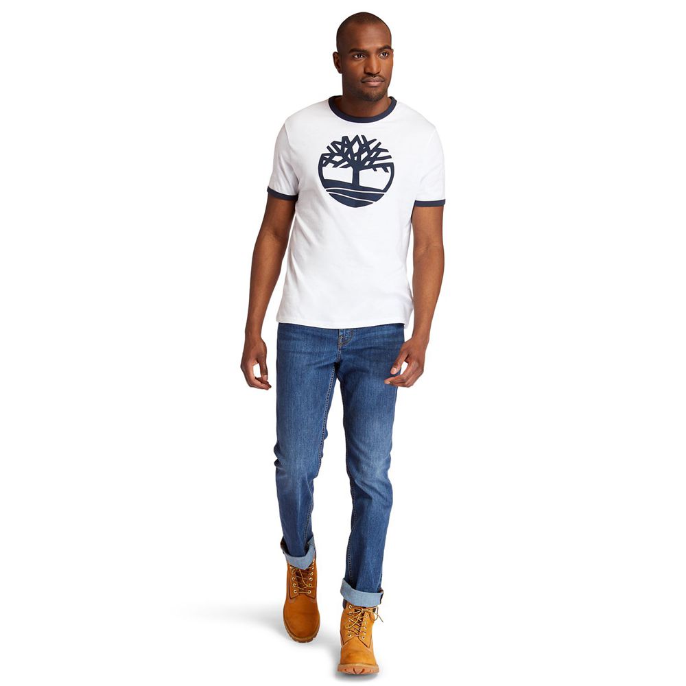 Timberland Μπλουζάκια Ανδρικα Ασπρα - Tree Logo Ringer - Greece 0361428-XV